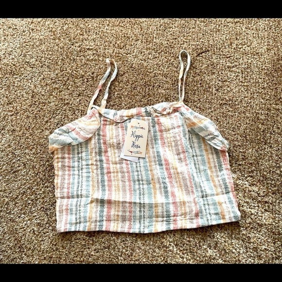 Hippie Rose Spaghetti Ruched Crop Top Size M Color Ivory Stripe. - Picture 4 of 6